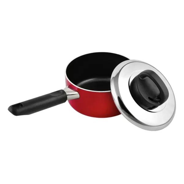 This Prestige Classique 16 cm red non-stick saucepan features a stay-cool handle, durable construction, and an easy-to-clean surface for effortless cooking.