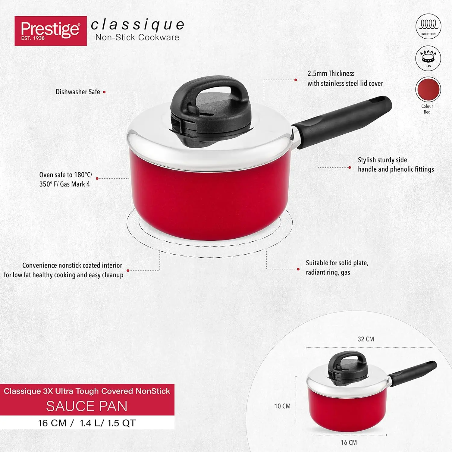 This Prestige Classique 16 cm red non-stick saucepan features a stay-cool handle, durable construction, and an easy-to-clean surface for effortless cooking.