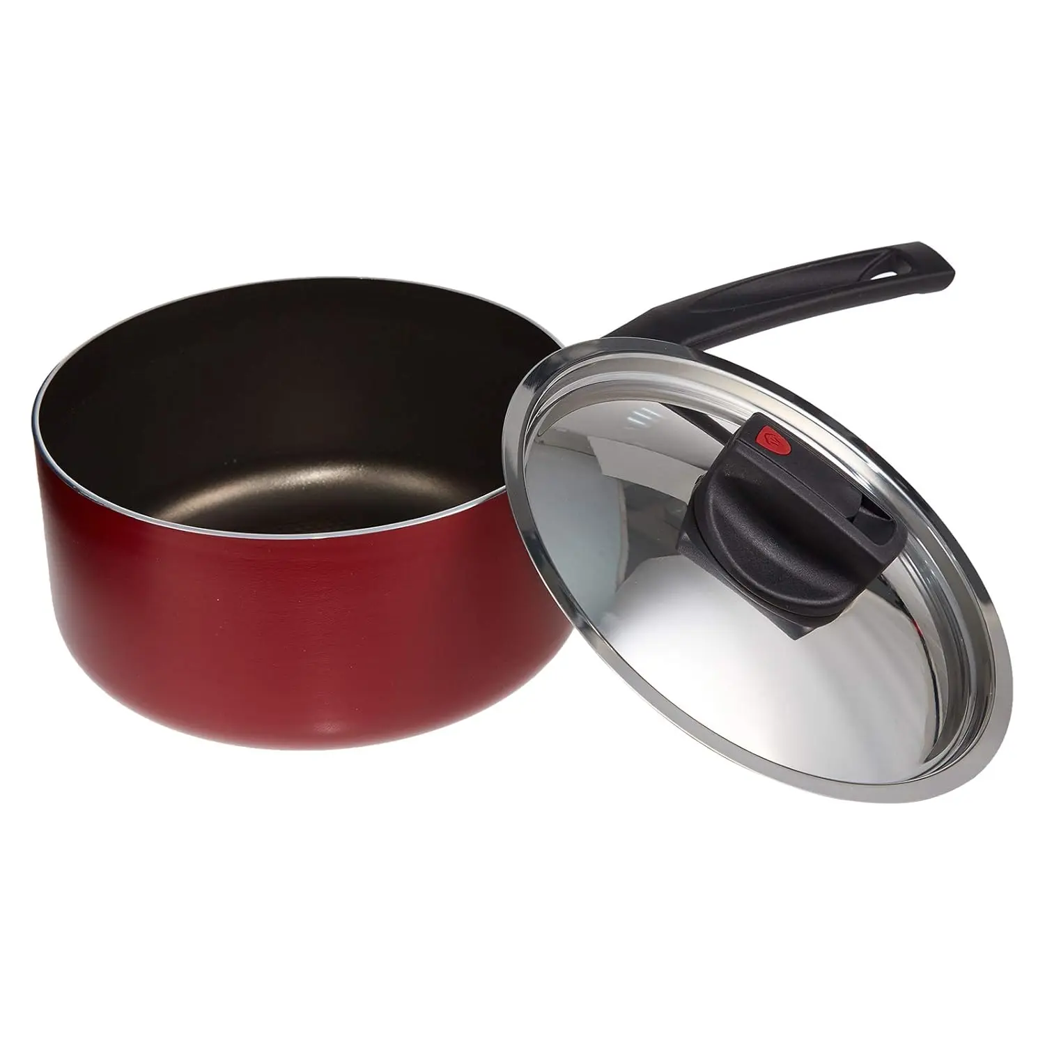 The Prestige Safecook nonstick 16 cm saucepan with lid features steam release technology, a heat-resistant ergonomic handle, and is compatible with induction cooktops for versatile and convenient cooking.