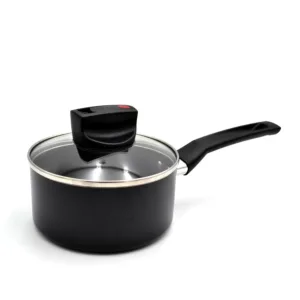 The Prestige Safecook nonstick 16 cm saucepan with lid features steam release technology, a heat-resistant ergonomic handle, and is compatible with induction cooktops for versatile and convenient cooking.