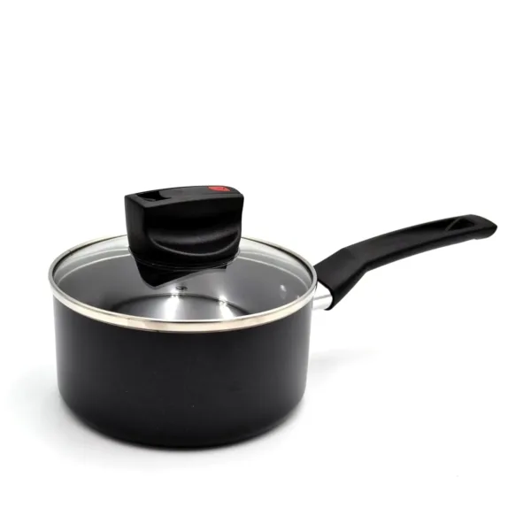 The Prestige Safecook nonstick 16 cm saucepan with lid features steam release technology, a heat-resistant ergonomic handle, and is compatible with induction cooktops for versatile and convenient cooking.