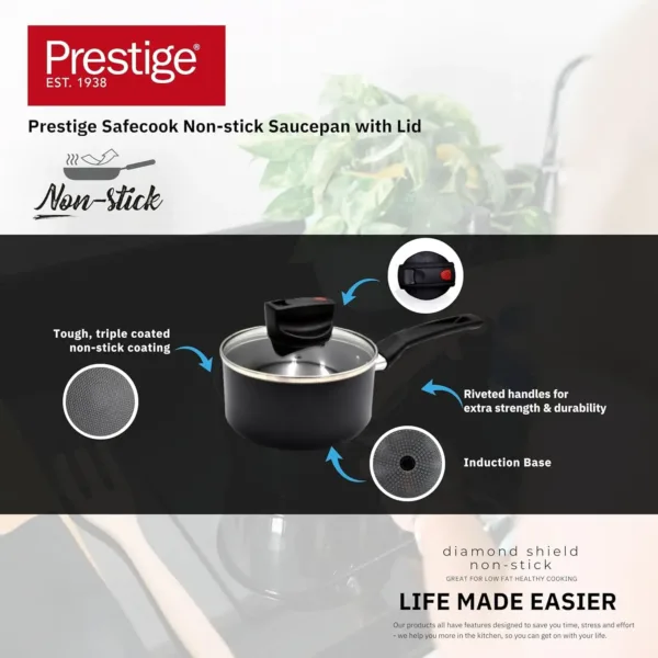 The Prestige Safecook nonstick 16 cm saucepan with lid features steam release technology, a heat-resistant ergonomic handle, and is compatible with induction cooktops for versatile and convenient cooking.