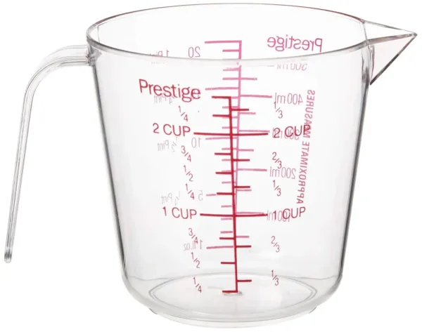 A clear Prestige plastic 500 ML measuring jug, perfect for cooking and baking.