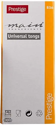 A stainless steel Prestige Serving Tong is displayed, highlighting its durable construction and suitability for preparing and serving dishes in the kitchen, and is also dishwasher safe.