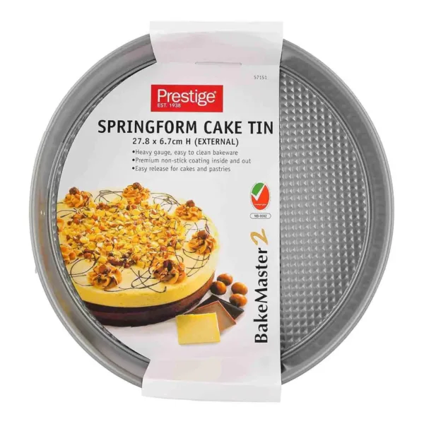 This Prestige springform cake tin features a heavy-gauge carbon steel construction, a non-stick coating for easy food release, and a cushion smart surface for even browning.