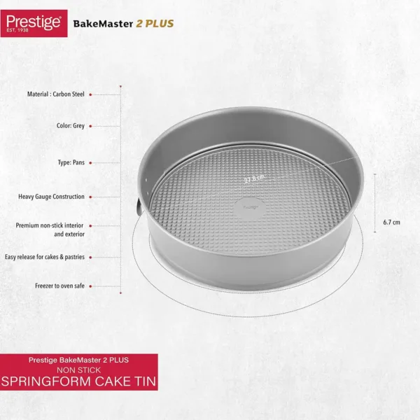 This Prestige springform cake tin features a heavy-gauge carbon steel construction, a non-stick coating for easy food release, and a cushion smart surface for even browning.