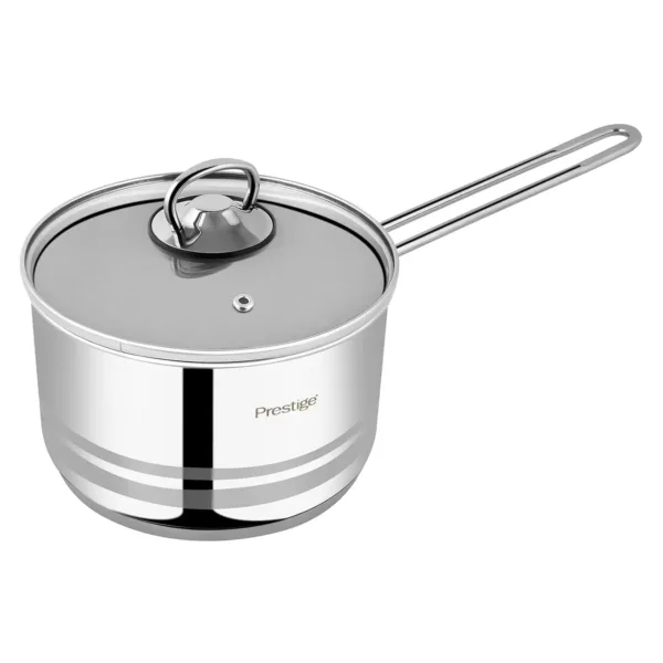 The Prestige Infinity stainless steel 18 cm saucepan with a 2.5 liter capacity features a tempered glass lid with steam vent and a non-slip, heat-resistant handle, compatible with all cooktops.