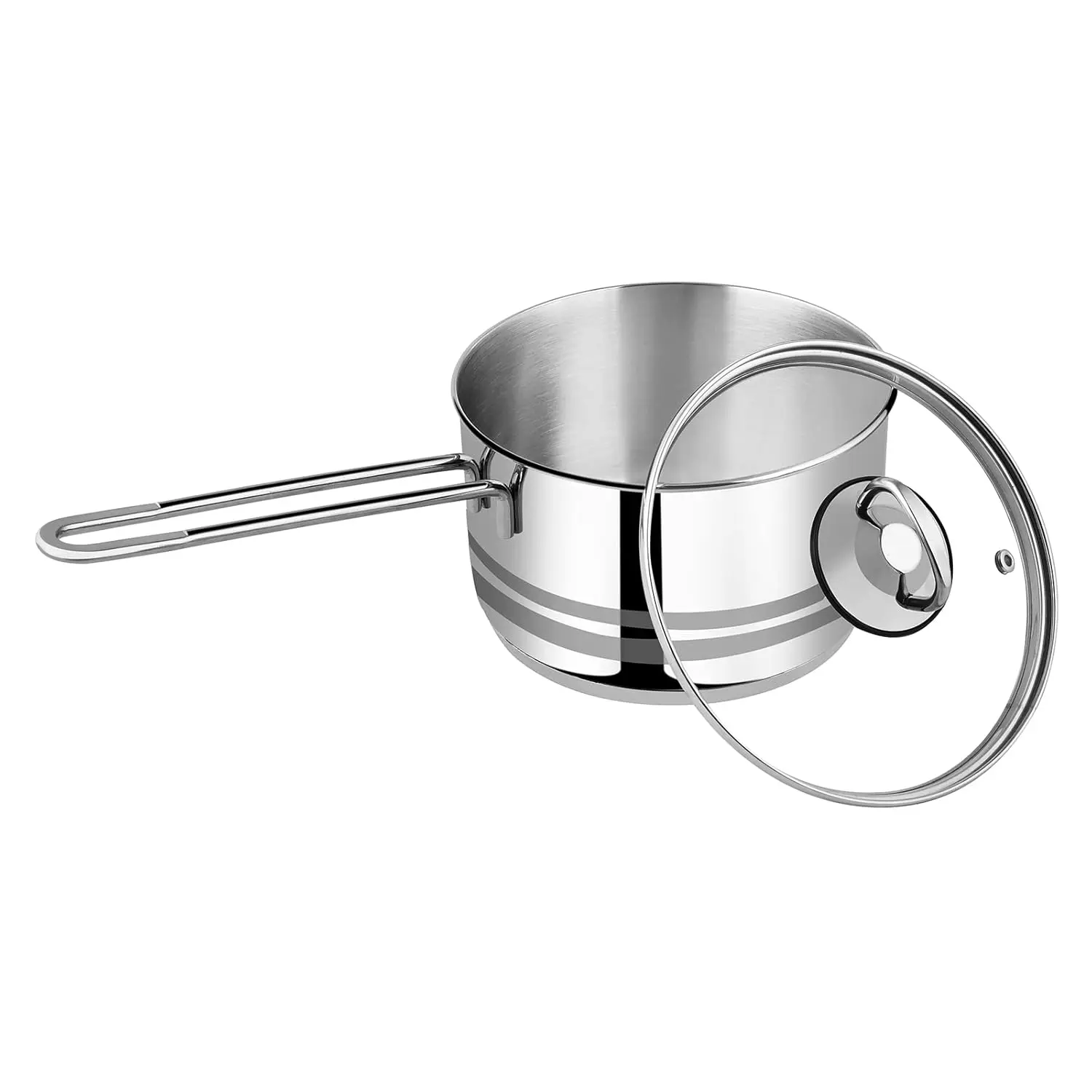 The Prestige Infinity stainless steel 18 cm saucepan with a 2.5 liter capacity features a tempered glass lid with steam vent and a non-slip, heat-resistant handle, compatible with all cooktops.