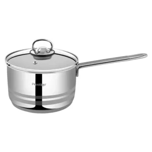 The Prestige Infinity stainless steel 18 cm saucepan with a 2.5 liter capacity features a tempered glass lid with steam vent and a non-slip, heat-resistant handle, compatible with all cooktops.
