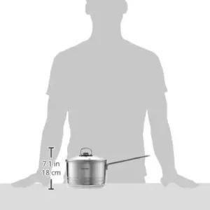 The Prestige Infinity stainless steel 18 cm saucepan with a 2.5 liter capacity features a tempered glass lid with steam vent and a non-slip, heat-resistant handle, compatible with all cooktops.