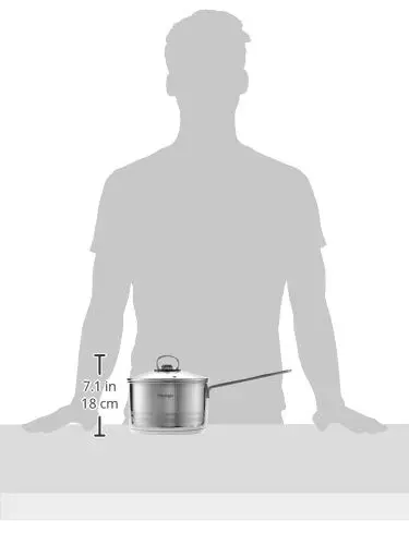 The Prestige Infinity stainless steel 18 cm saucepan with a 2.5 liter capacity features a tempered glass lid with steam vent and a non-slip, heat-resistant handle, compatible with all cooktops.