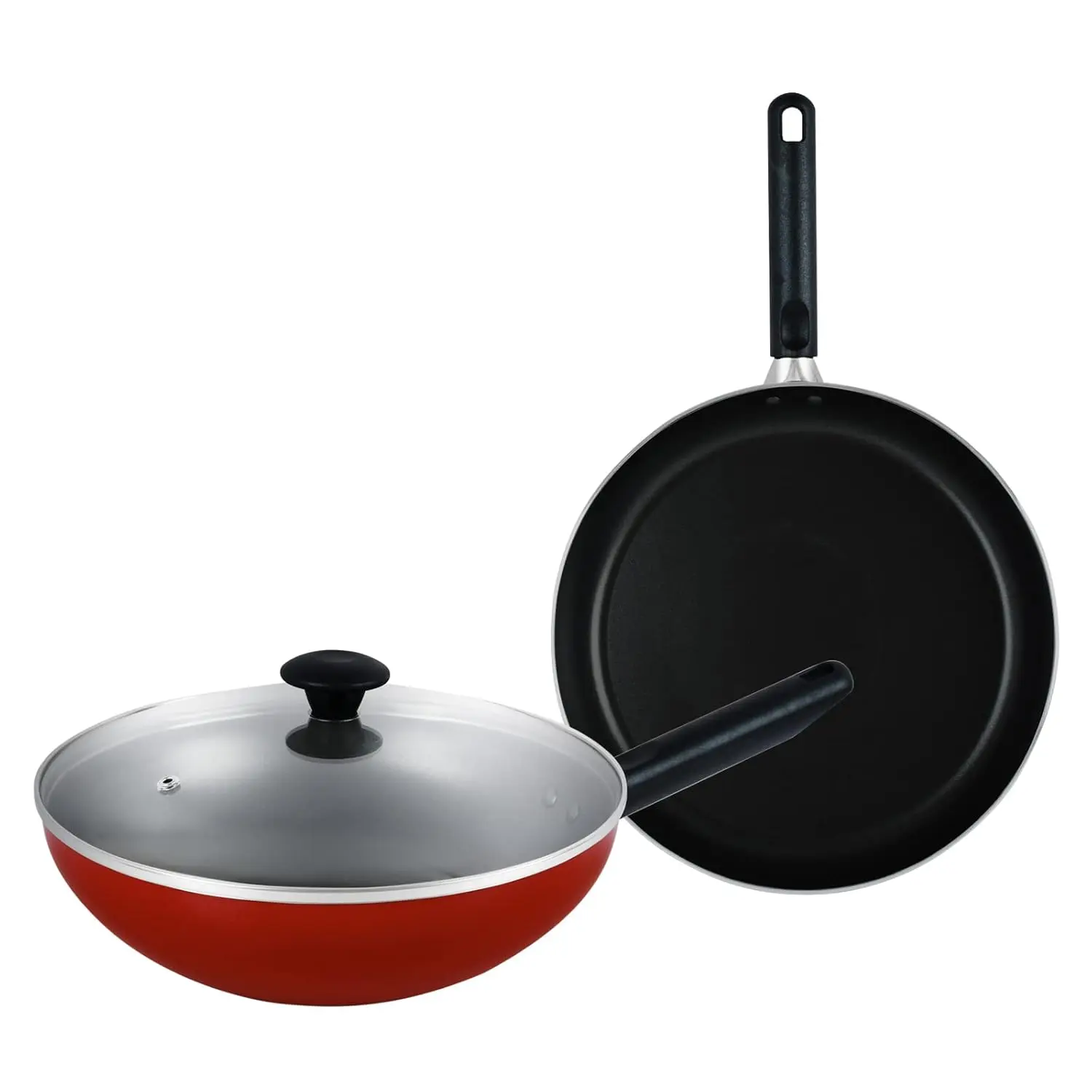 This Prestige wok and fry pan set includes a 28cm nonstick fry pan, 26cm nonstick wok pan, and a shatter-resistant glass lid with a steam vent for fast, healthy cooking.