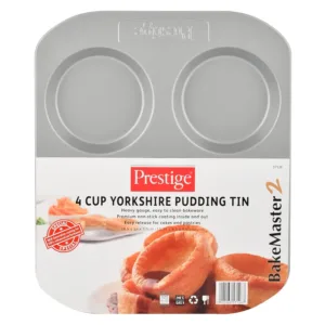 This is a Prestige 4-cup Yorkshire pudding tin made with heavy gauge material and a non-stick coating for easy baking and cleaning, and is oven safe up to 475°F.