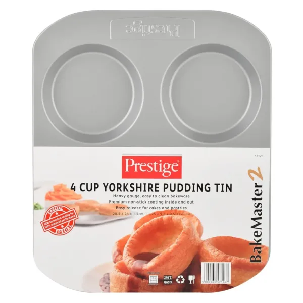 This is a Prestige 4-cup Yorkshire pudding tin made with heavy gauge material and a non-stick coating for easy baking and cleaning, and is oven safe up to 475°F.