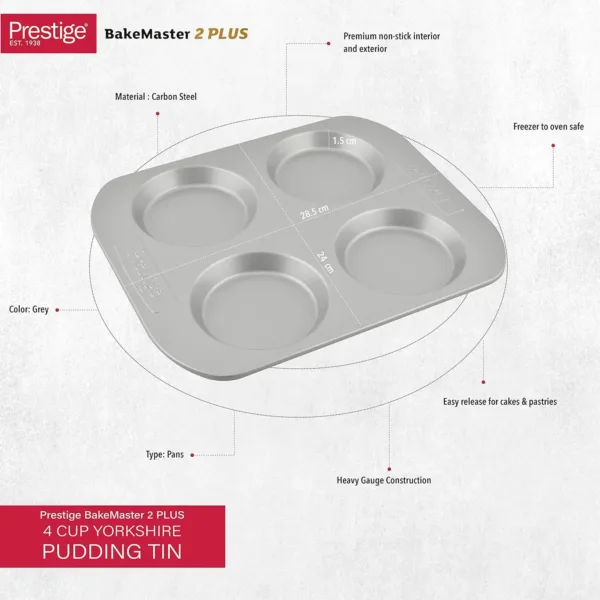 This is a Prestige 4-cup Yorkshire pudding tin made with heavy gauge material and a non-stick coating for easy baking and cleaning, and is oven safe up to 475°F.