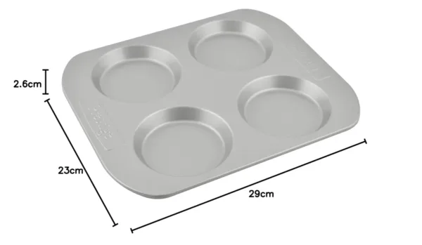 This is a Prestige 4-cup Yorkshire pudding tin made with heavy gauge material and a non-stick coating for easy baking and cleaning, and is oven safe up to 475°F.
