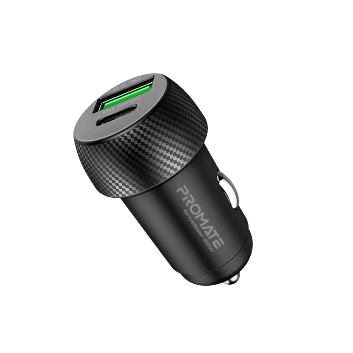 This is a compact Promate 20W USB-C car charger with an 18W Quick Charge 3.0 USB port for fast charging of smartphones, tablets, and other devices.