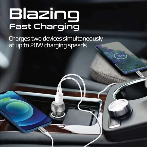 This is a compact Promate 20W USB-C car charger with an 18W Quick Charge 3.0 USB port for fast charging of smartphones, tablets, and other devices.
