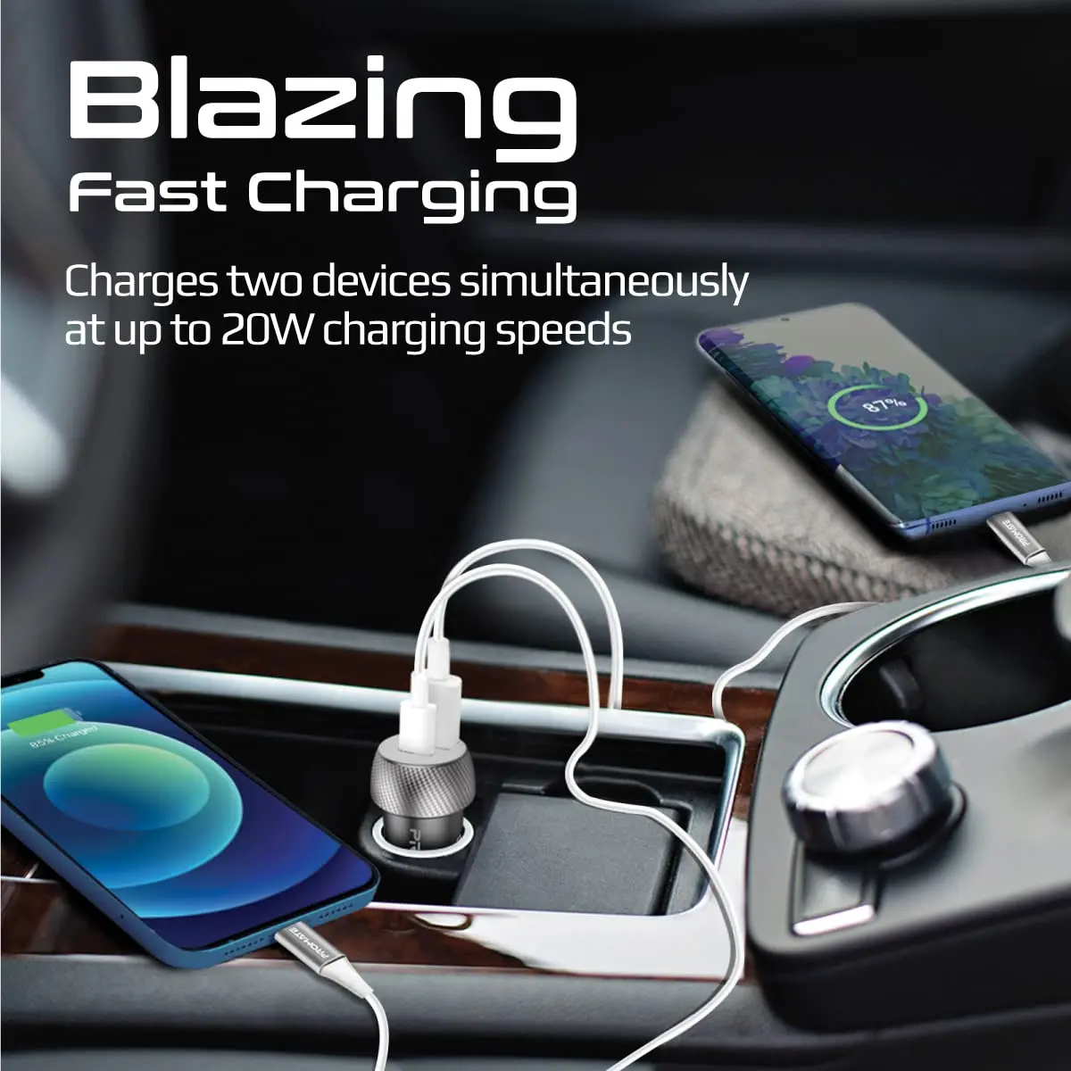 This is a compact Promate 20W USB-C car charger with an 18W Quick Charge 3.0 USB port for fast charging of smartphones, tablets, and other devices.