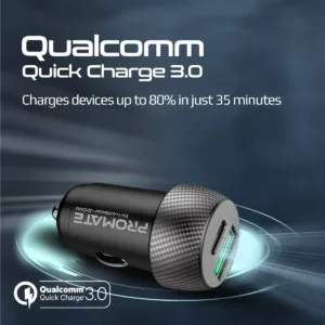 This is a compact Promate 20W USB-C car charger with an 18W Quick Charge 3.0 USB port for fast charging of smartphones, tablets, and other devices.
