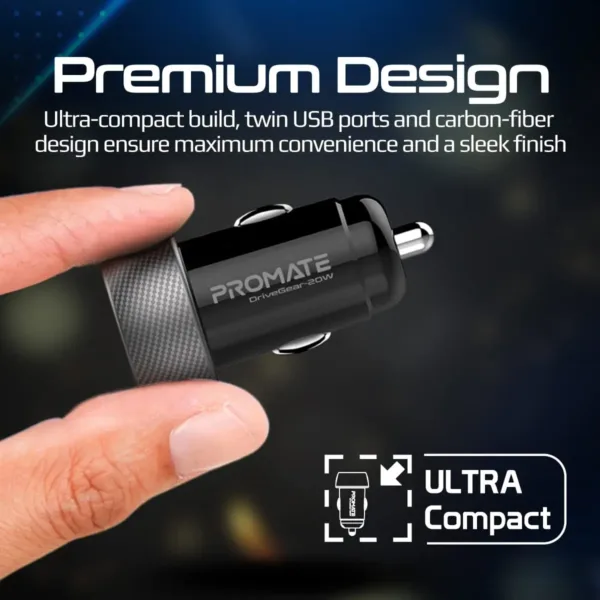 This is a compact Promate 20W USB-C car charger with an 18W Quick Charge 3.0 USB port for fast charging of smartphones, tablets, and other devices.