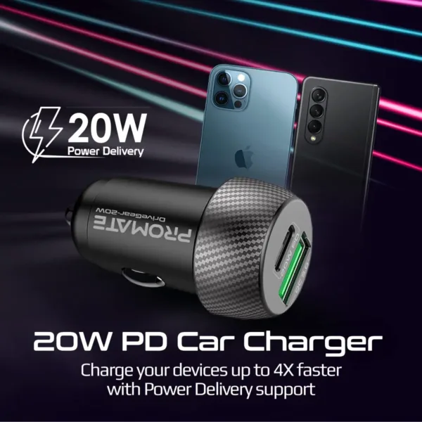 This is a compact Promate 20W USB-C car charger with an 18W Quick Charge 3.0 USB port for fast charging of smartphones, tablets, and other devices.