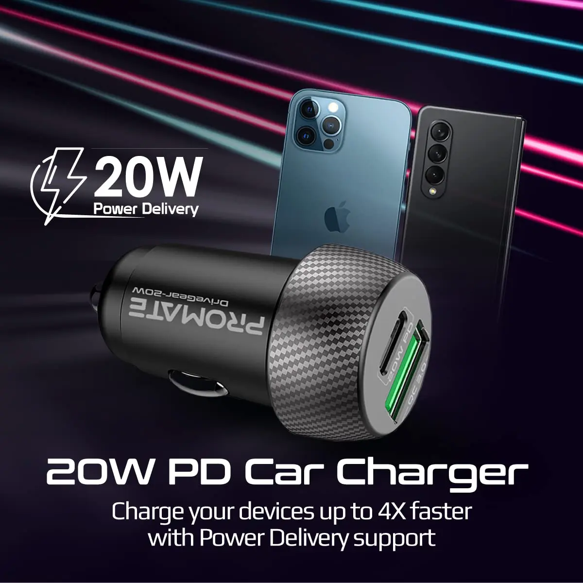 This is a compact Promate 20W USB-C car charger with an 18W Quick Charge 3.0 USB port for fast charging of smartphones, tablets, and other devices.