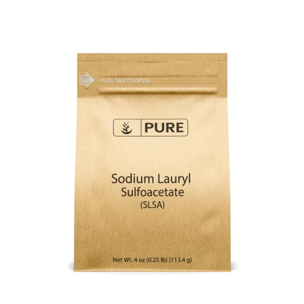 This is a 4oz bag of Pure Original Ingredients Sodium Lauryl Sulfoacetate (SLSA), a naturally derived, gentle surfactant from coconut and palm oil perfect for creating long-lasting foam and bubbles in bath bombs and other personal care products.