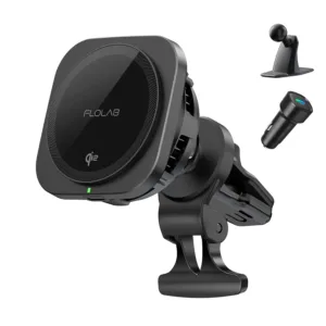 This Qi2 15W wireless car charger securely holds and fast charges an iPhone using strong magnets and advanced cooling technology, complete with vent and dashboard mounts.
