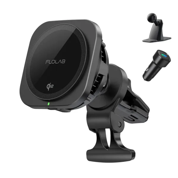 This Qi2 15W wireless car charger securely holds and fast charges an iPhone using strong magnets and advanced cooling technology, complete with vent and dashboard mounts.