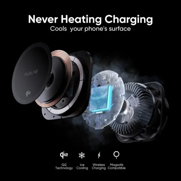 This Qi2 15W wireless car charger securely holds and fast charges an iPhone using strong magnets and advanced cooling technology, complete with vent and dashboard mounts.