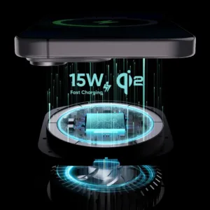 This Qi2 15W wireless car charger securely holds and fast charges an iPhone using strong magnets and advanced cooling technology, complete with vent and dashboard mounts.