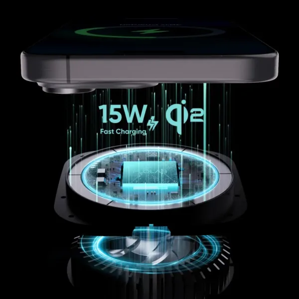 This Qi2 15W wireless car charger securely holds and fast charges an iPhone using strong magnets and advanced cooling technology, complete with vent and dashboard mounts.