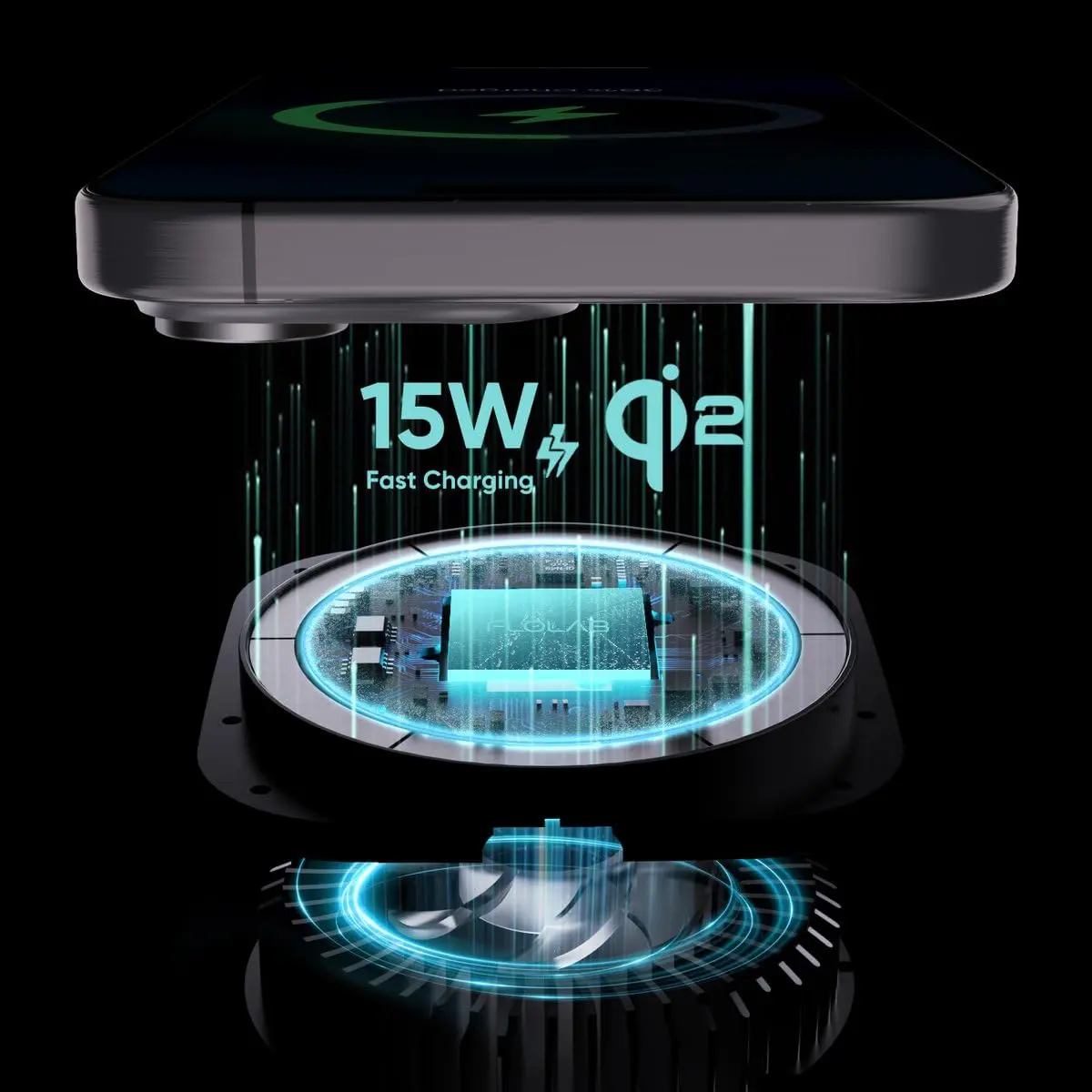 This Qi2 15W wireless car charger securely holds and fast charges an iPhone using strong magnets and advanced cooling technology, complete with vent and dashboard mounts.