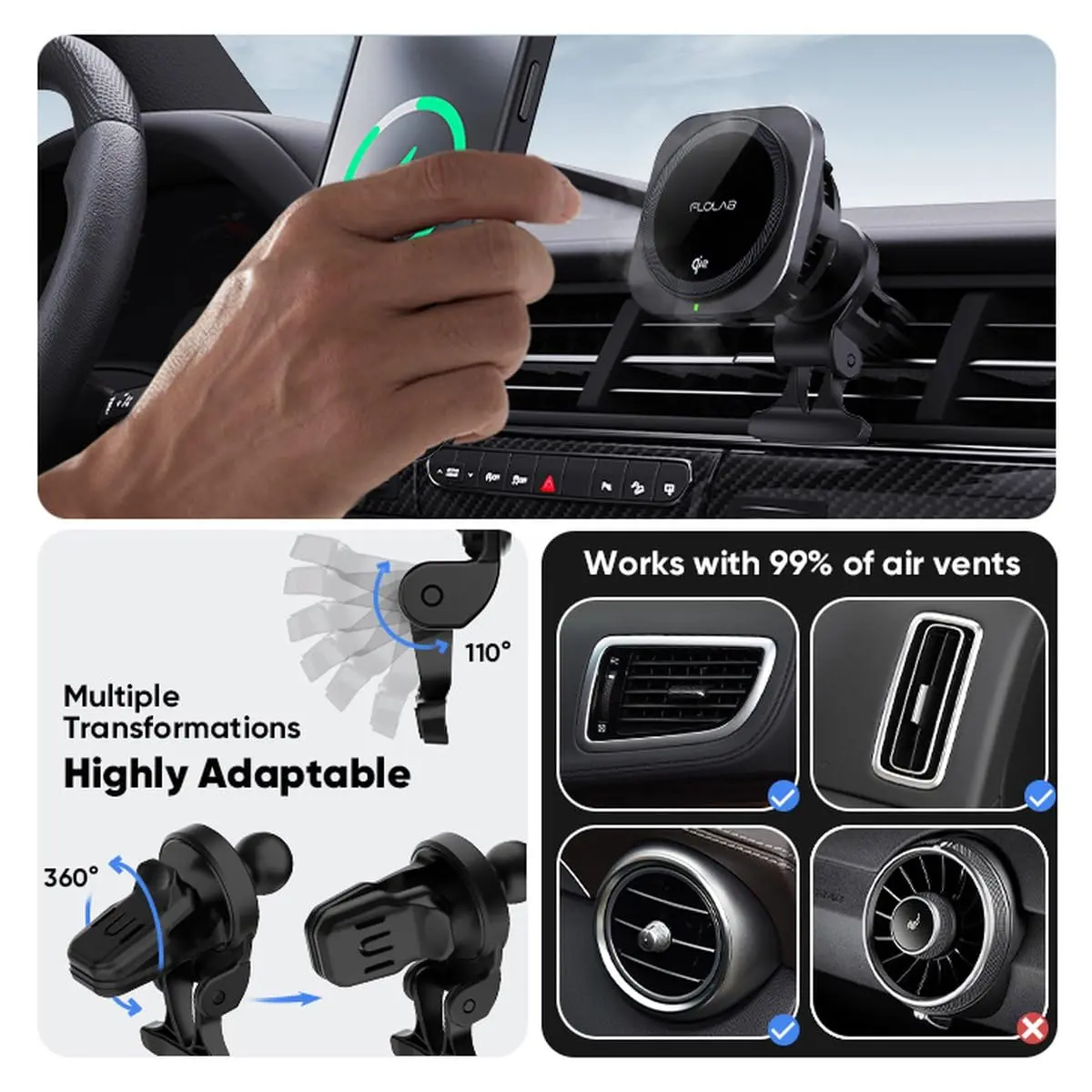 This Qi2 15W wireless car charger securely holds and fast charges an iPhone using strong magnets and advanced cooling technology, complete with vent and dashboard mounts.