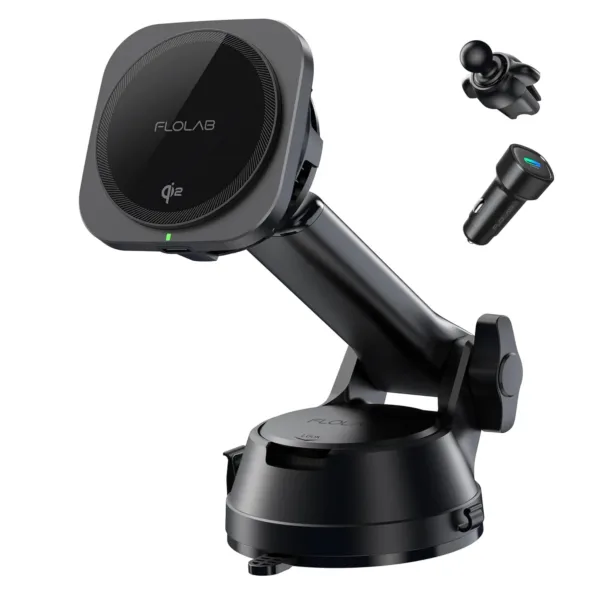 This Qi2 15W wireless car charger securely holds and fast charges an iPhone using strong magnets and advanced cooling technology, complete with vent and dashboard mounts.