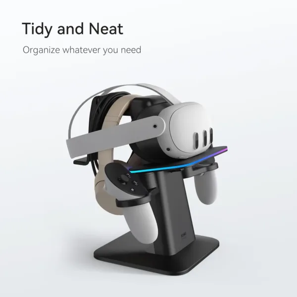 This KIWI design charging station is made for Meta Quest 3S, Quest 3, Quest 2, and Quest Pro, featuring multicolor RGB lights and a magnetic port for effortless and safe charging.