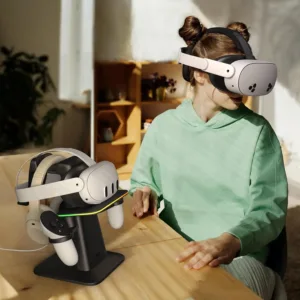 This KIWI design charging station is made for Meta Quest 3S, Quest 3, Quest 2, and Quest Pro, featuring multicolor RGB lights and a magnetic port for effortless and safe charging.