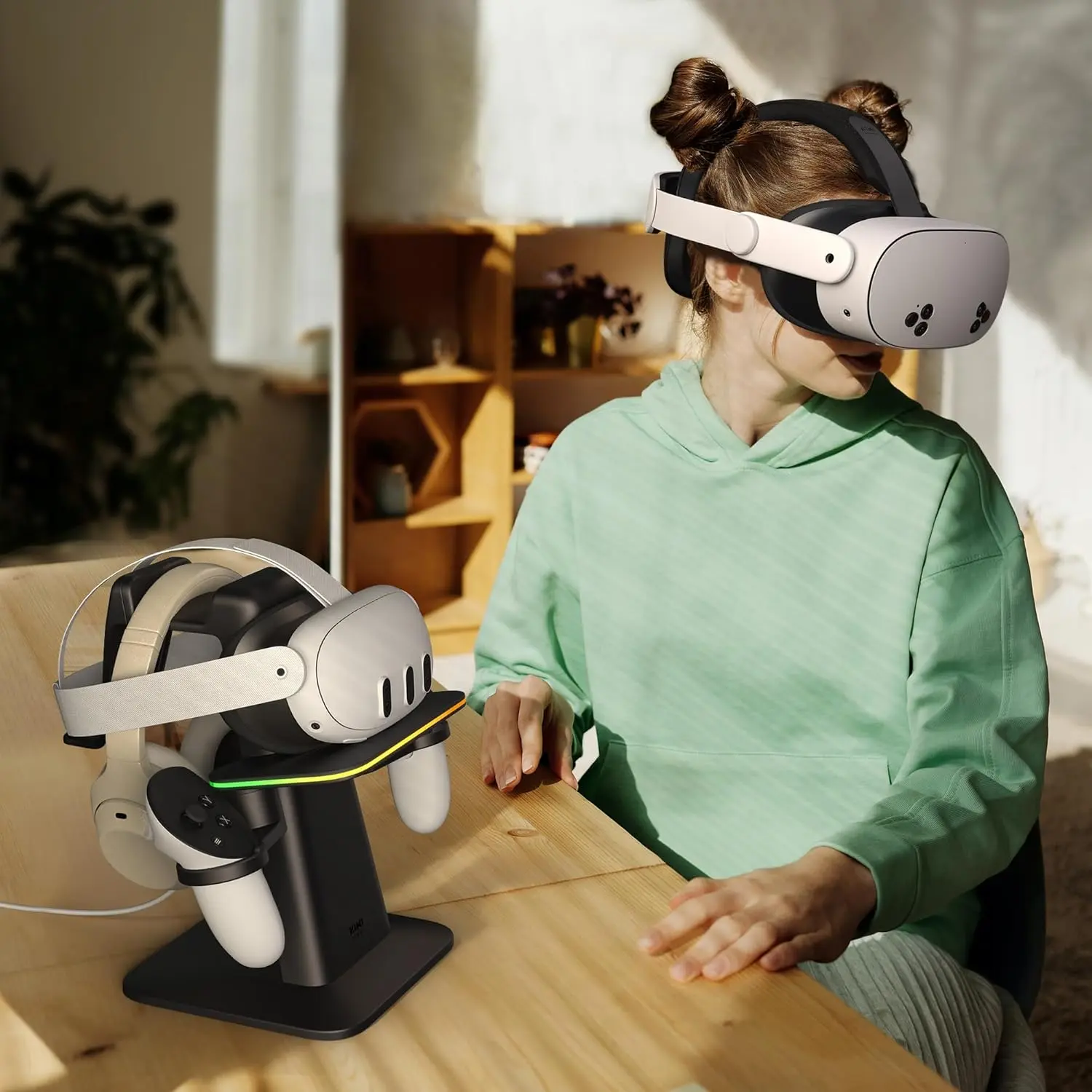 This KIWI design charging station is made for Meta Quest 3S, Quest 3, Quest 2, and Quest Pro, featuring multicolor RGB lights and a magnetic port for effortless and safe charging.