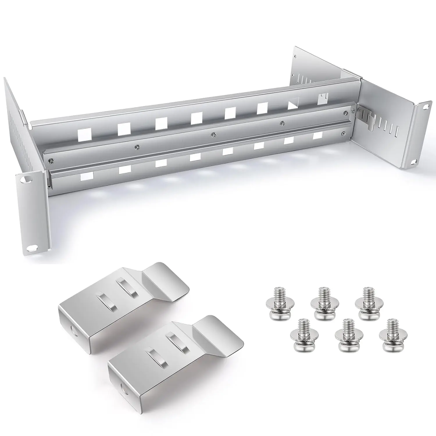 This silver 19 inch rack mount DIN rail kit is made of durable aluminum alloy and features adjustable depth for secure installation of transceivers, switches, and power adapters in telecommunications cabinets.
