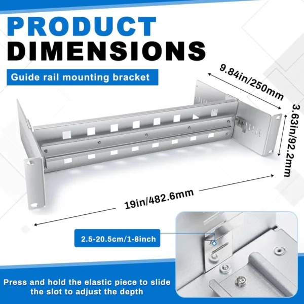 This silver 19 inch rack mount DIN rail kit is made of durable aluminum alloy and features adjustable depth for secure installation of transceivers, switches, and power adapters in telecommunications cabinets.