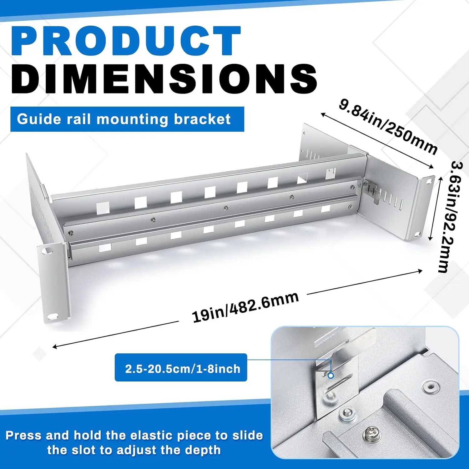 This silver 19 inch rack mount DIN rail kit is made of durable aluminum alloy and features adjustable depth for secure installation of transceivers, switches, and power adapters in telecommunications cabinets.