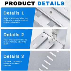 This silver 19 inch rack mount DIN rail kit is made of durable aluminum alloy and features adjustable depth for secure installation of transceivers, switches, and power adapters in telecommunications cabinets.