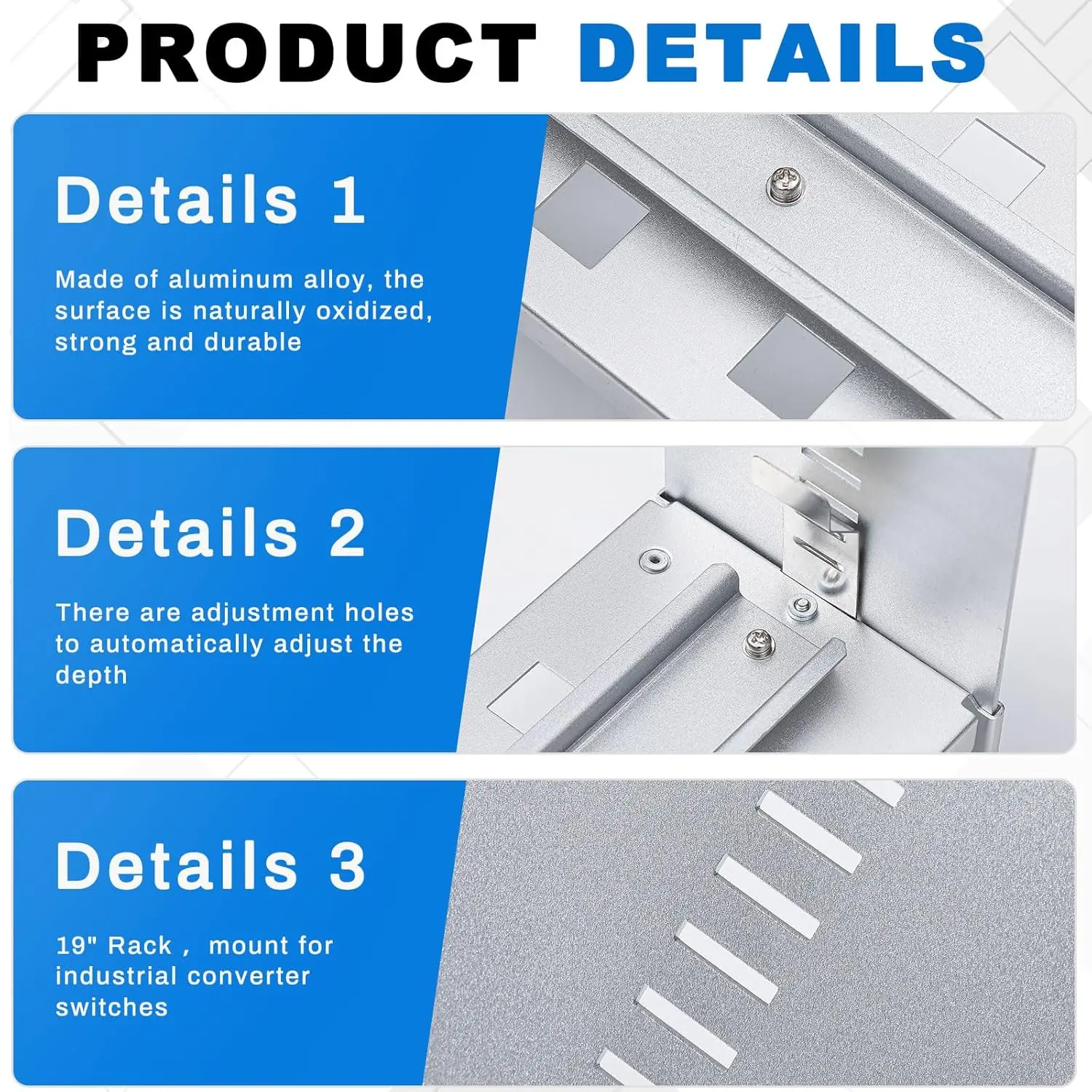 This silver 19 inch rack mount DIN rail kit is made of durable aluminum alloy and features adjustable depth for secure installation of transceivers, switches, and power adapters in telecommunications cabinets.