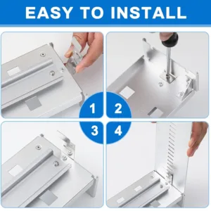 This silver 19 inch rack mount DIN rail kit is made of durable aluminum alloy and features adjustable depth for secure installation of transceivers, switches, and power adapters in telecommunications cabinets.