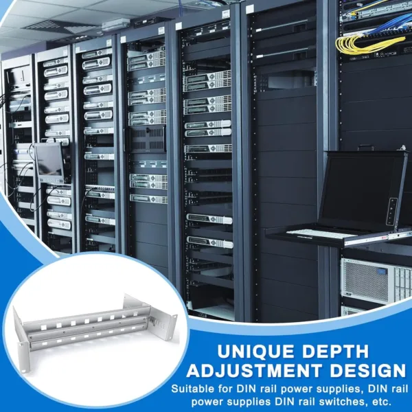 This silver 19 inch rack mount DIN rail kit is made of durable aluminum alloy and features adjustable depth for secure installation of transceivers, switches, and power adapters in telecommunications cabinets.