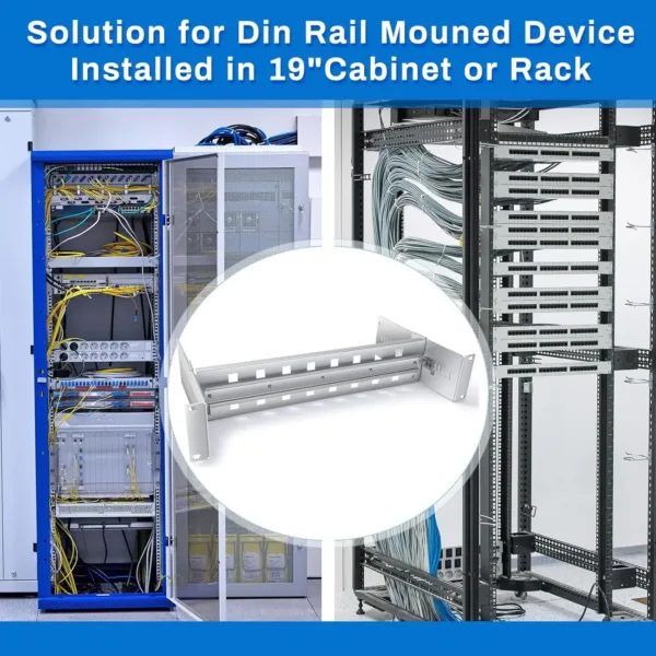 This silver 19 inch rack mount DIN rail kit is made of durable aluminum alloy and features adjustable depth for secure installation of transceivers, switches, and power adapters in telecommunications cabinets.