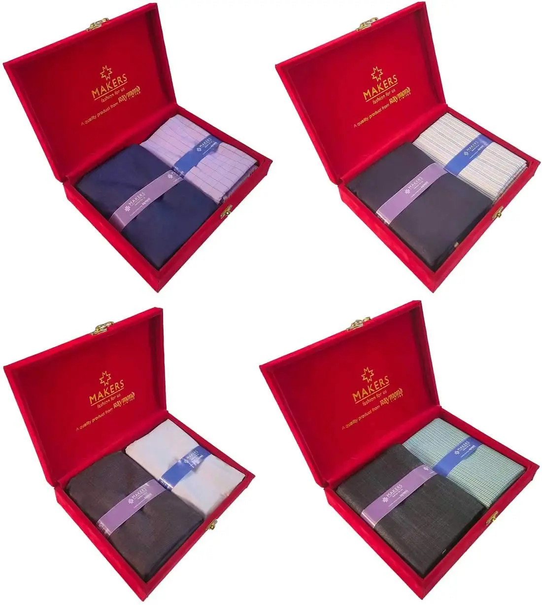 This is a combo set of four Raymond Fabrics multicolor unstitched shirt and trouser fabric made of rayon, perfect for a wedding occasion and easy to hand wash.