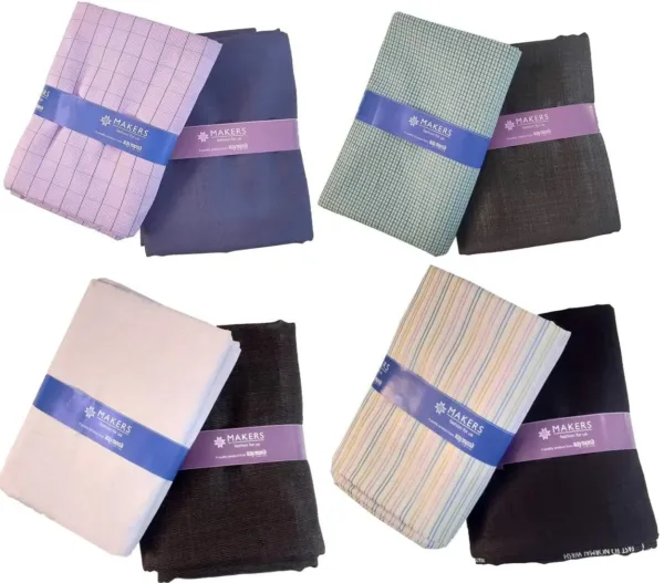 This is a combo set of four Raymond Fabrics multicolor unstitched shirt and trouser fabric made of rayon, perfect for a wedding occasion and easy to hand wash.