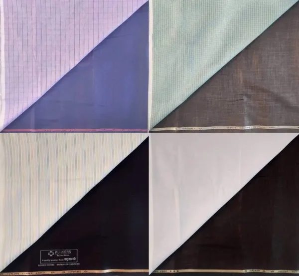 This is a combo set of four Raymond Fabrics multicolor unstitched shirt and trouser fabric made of rayon, perfect for a wedding occasion and easy to hand wash.